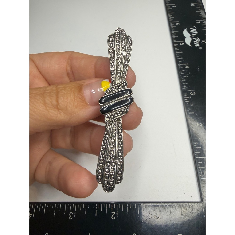 Art Deco Marcasite Black Enamel Silver Tone Bar Brooch Pin Geometric Knot